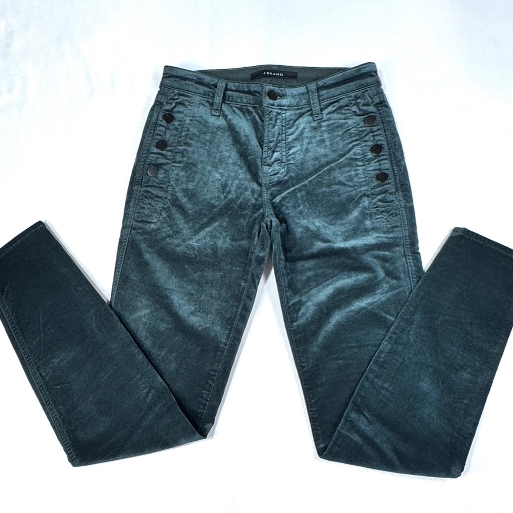 J Brand Zion Mid Rise Skinny Jeans Moorland Green Button Detail Size 26